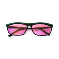 MIKADO Sunglasses - black frame with green checkered brow and pink lenses, front view