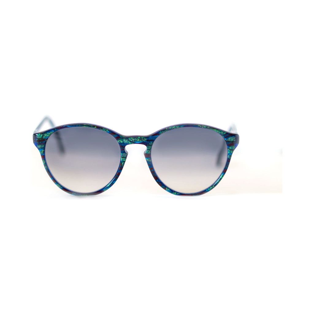 PEACOCK Sunglasses - blue-green patterned round frame with grey gradient lenses, front view