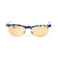 CONFETTI Sunglasses - half-rim frame with blue and magenta confetti pattern and amber lenses, front view