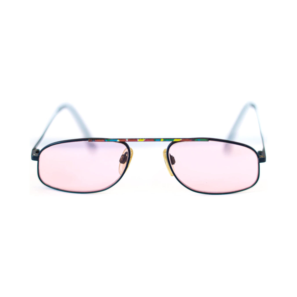 SPECTRA Sunglasses - black rectangular metal frame with multicolor brow bar and rose lenses, front view