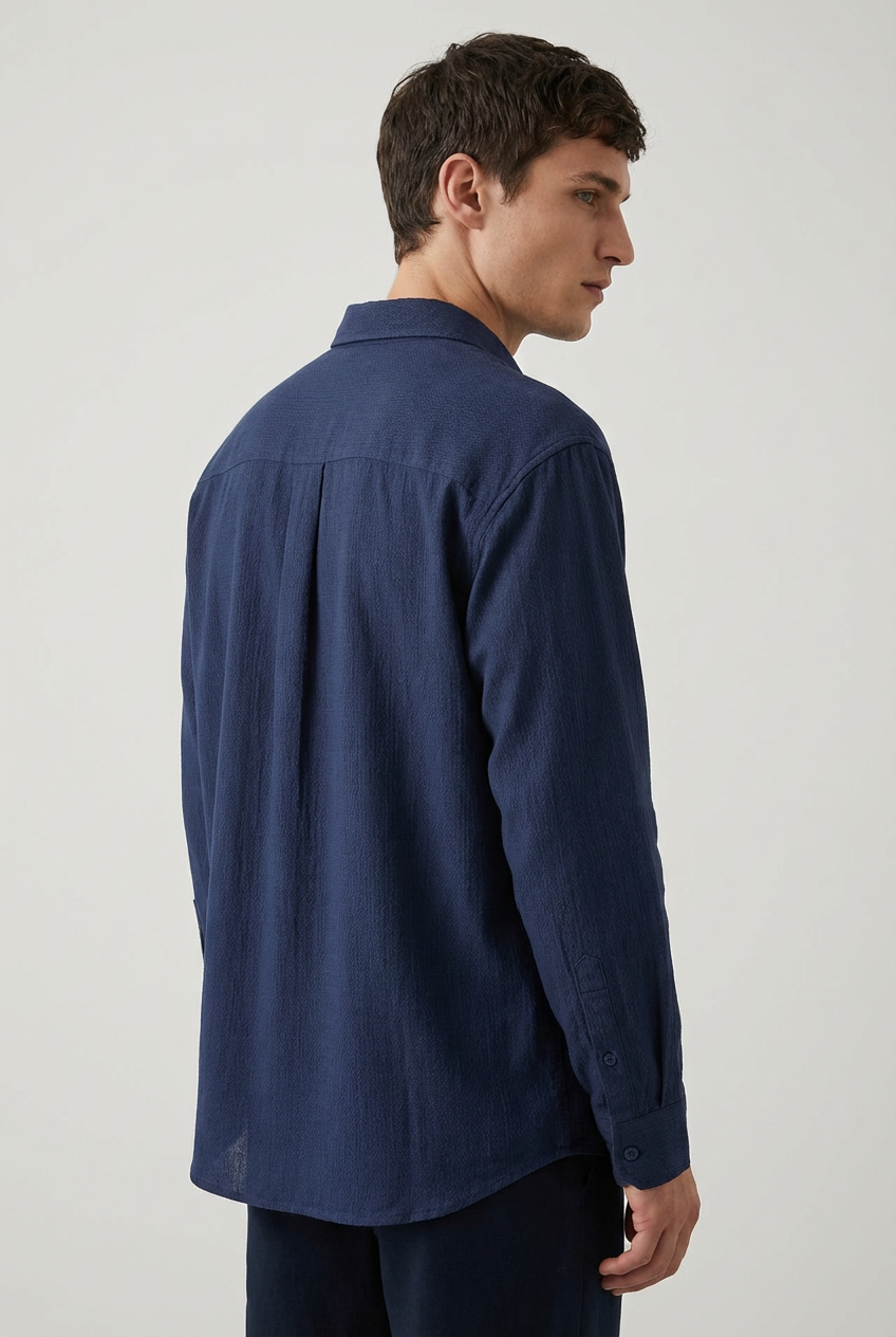 Navy Blue Herringbone Shirt Draped